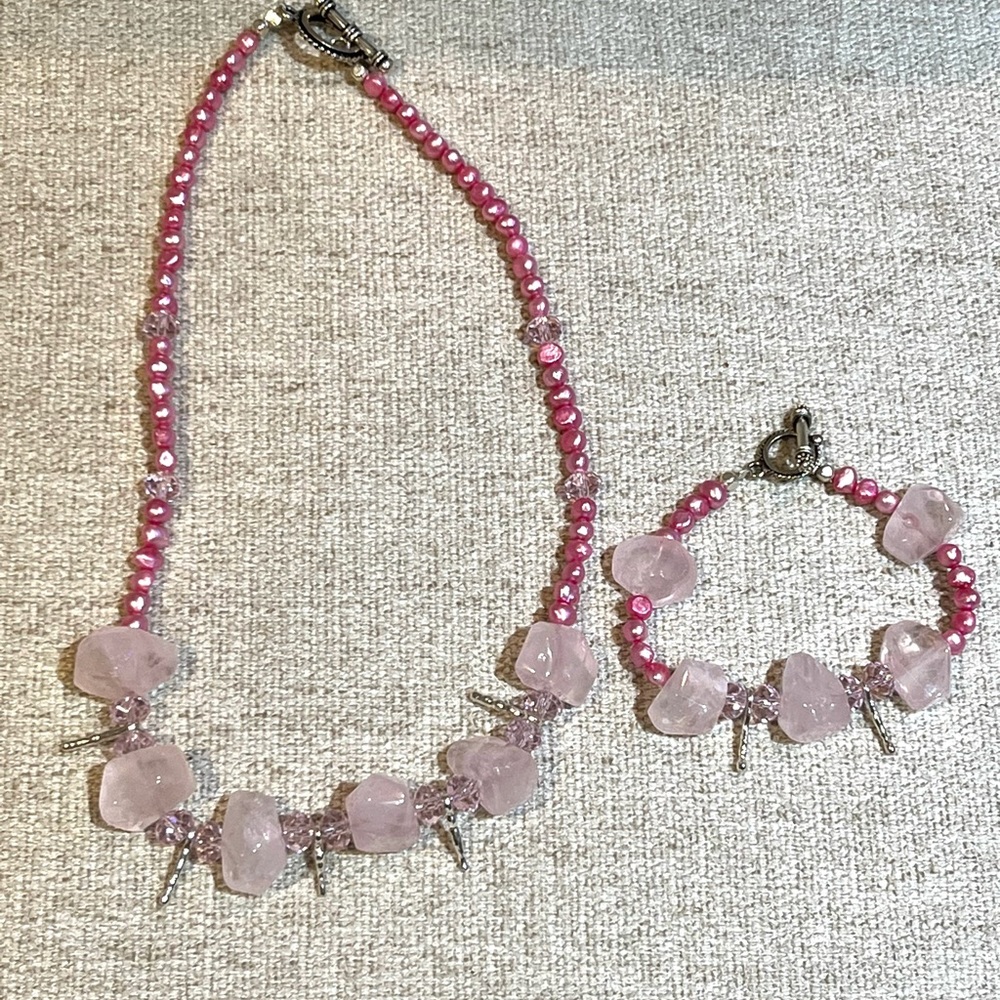 Pink Crystal & Beaded Toggle Necklace & Bracelet Set
